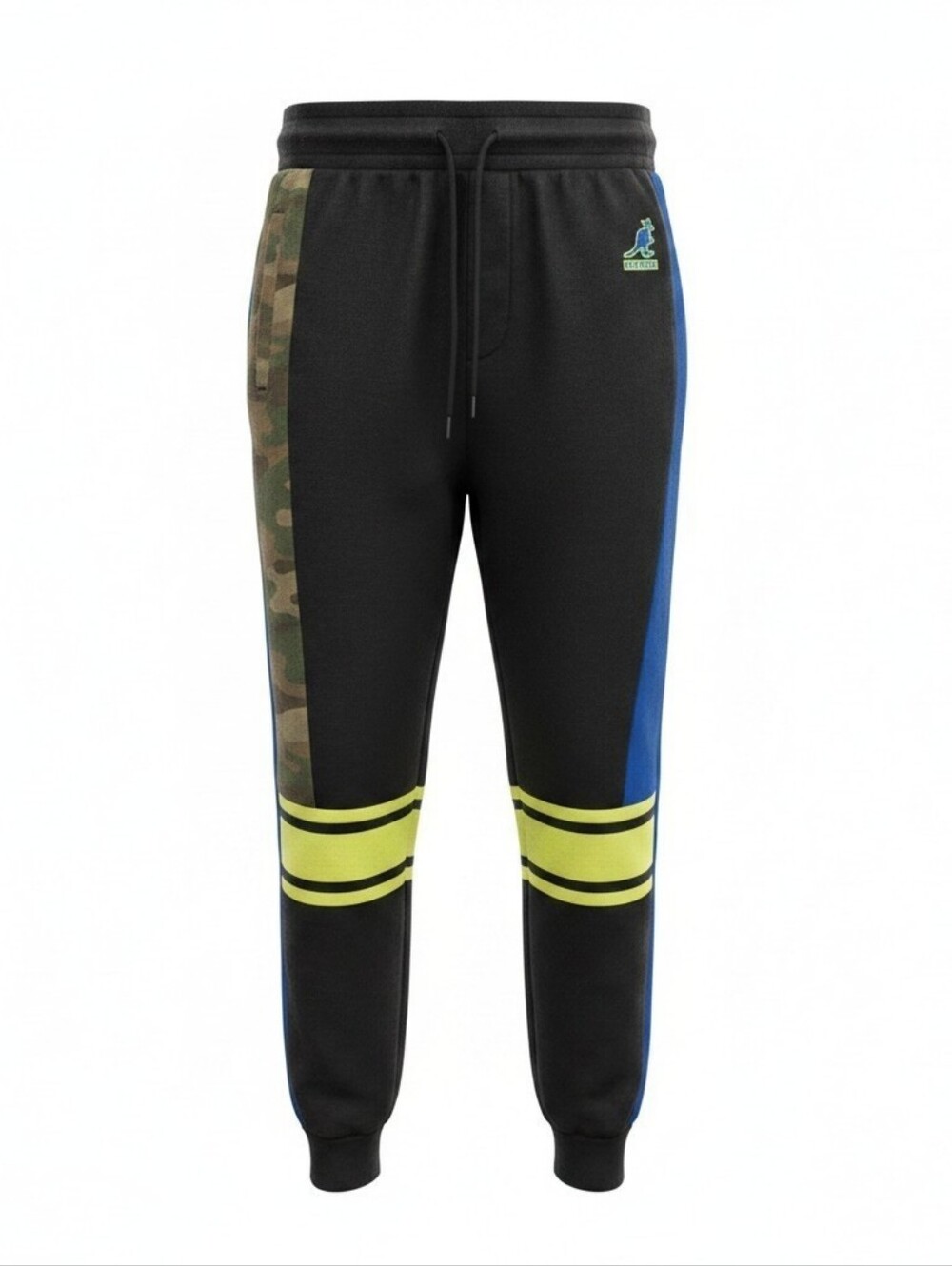 Kangol Black Joggers with Camo Panel & Blue and Neon Yellow Accents